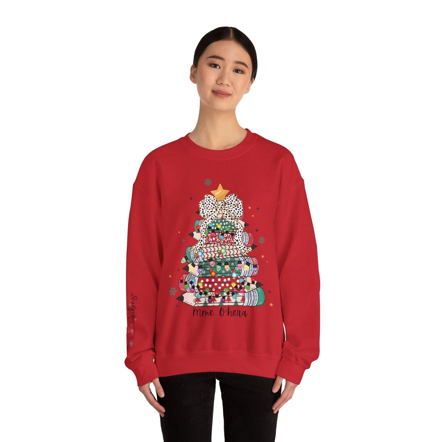 Ink and Charms Designs Sweatshirt Personalized Teacher Christmas Crewneck Sweatshirt - Christmas Tree and Pencils Design