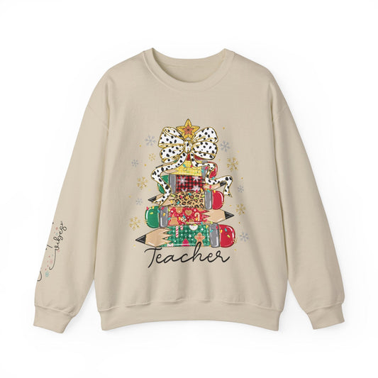 Ink and Charms Designs Sweatshirt S / Sand Teacher Christmas Crewneck Sweatshirt - Christmas Tree and Pencils Design