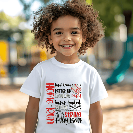 Ink and Charms Designs T-Shirt Baseball Action Word Art Tee- Game Day Energy Design