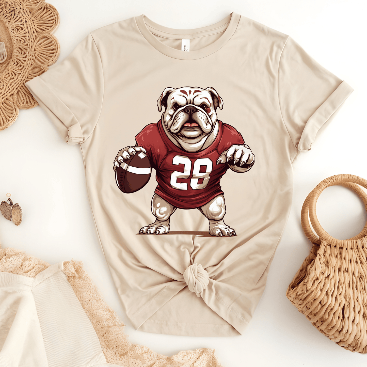 Ink and Charms Designs T-Shirt Bulldog Football T-shirt- Playful Dog & Game Day Design