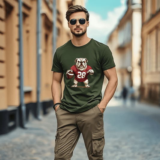 Ink and Charms Designs T-Shirt Bulldog Football T-shirt- Playful Dog & Game Day Design