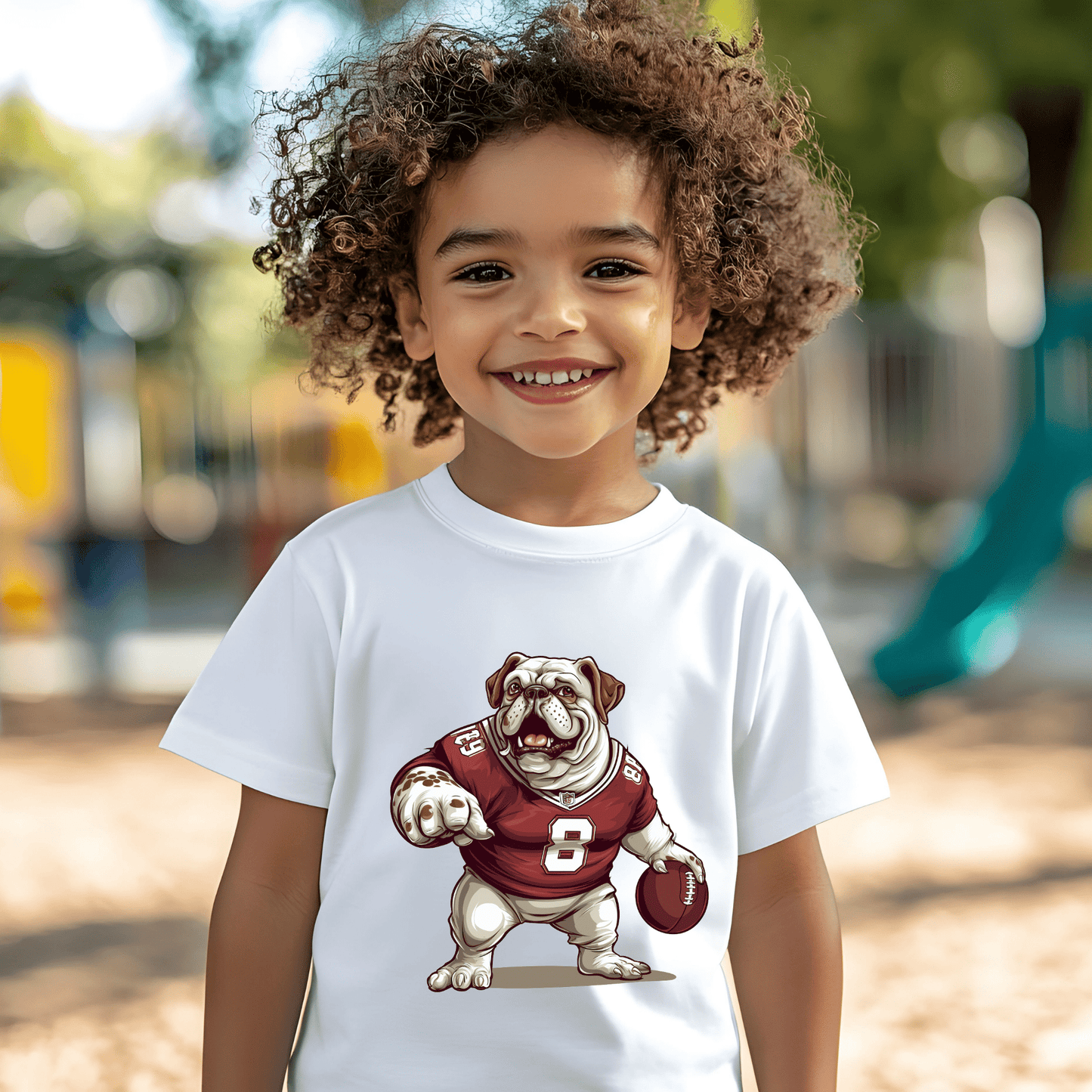 Ink and Charms Designs T-Shirt Bulldog Football Tee- Playful Dog & Game Day Design