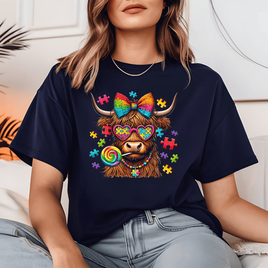 Ink and Charms Designs T-Shirt Empowering Minds - Autism Highland Cow design