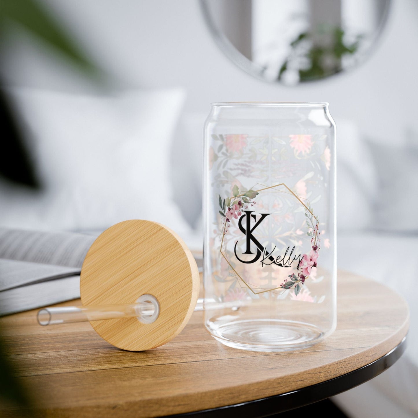 Ink and Charms Designs Sipper Glass With lid and straw / 16oz Personalized Floral Sipper Glass, 16oz - Initial and Name Design