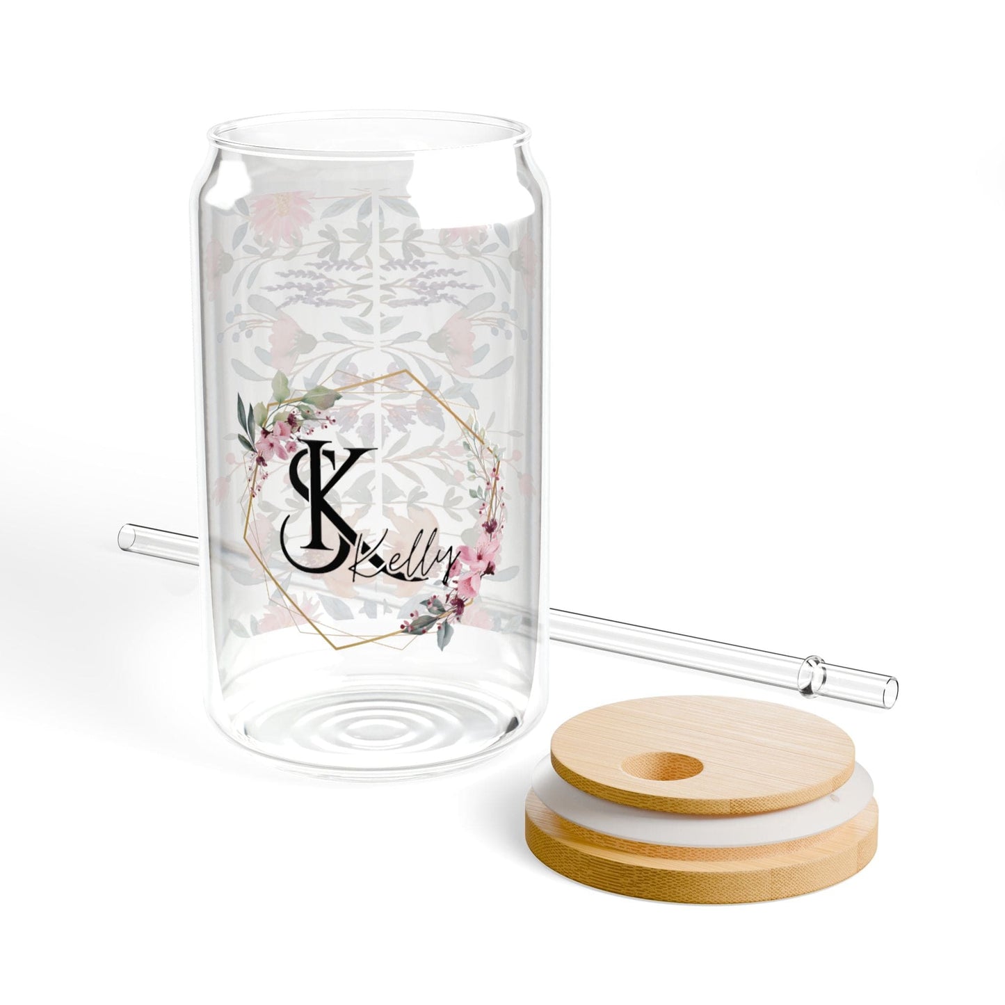 Ink and Charms Designs Sipper Glass With lid and straw / 16oz Personalized Floral Sipper Glass, 16oz - Initial and Name Design