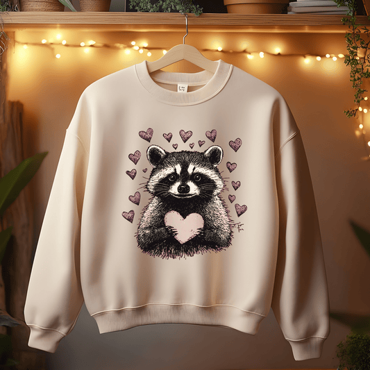 Ink and Charms Designs Sweatshirt Adorable Raccoon Holding a Heart Design: Share the Love!
