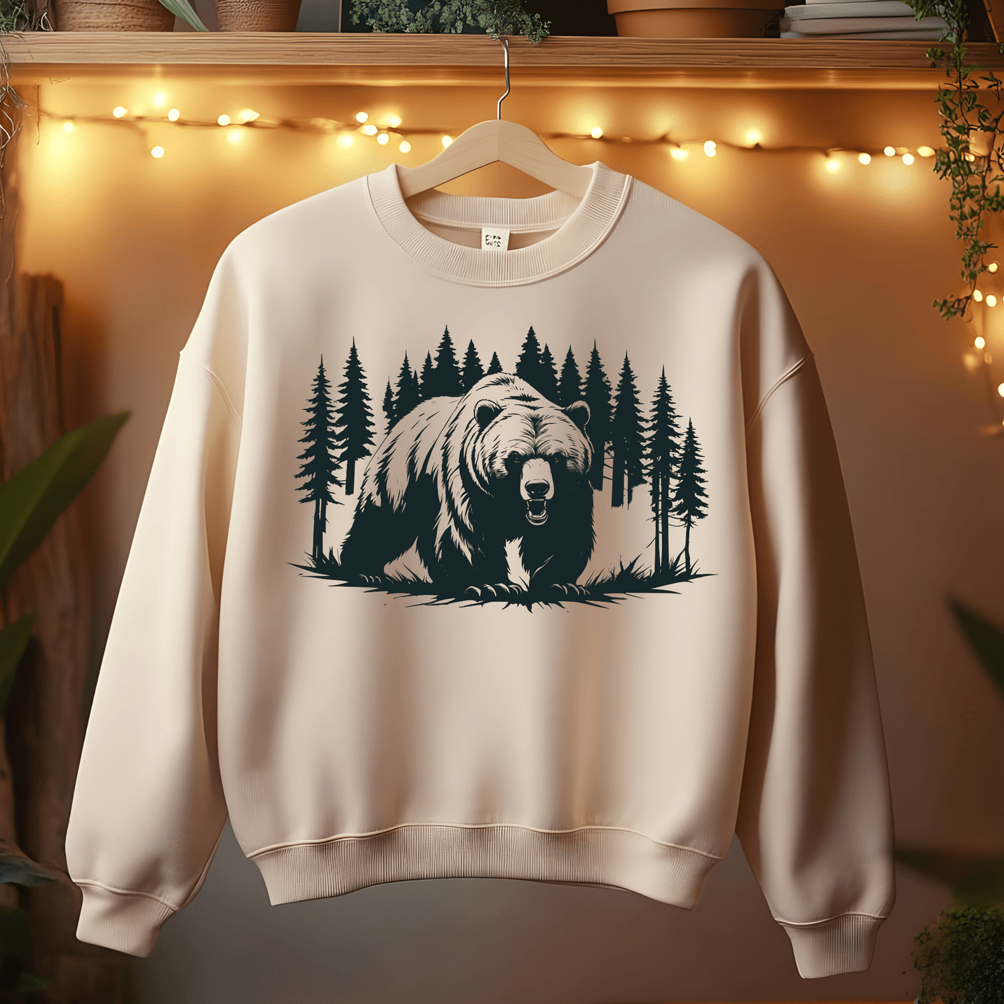 Ink and Charms Designs Sweatshirt Beige / S Majestic Bear Walking in Forest Sweatshirt