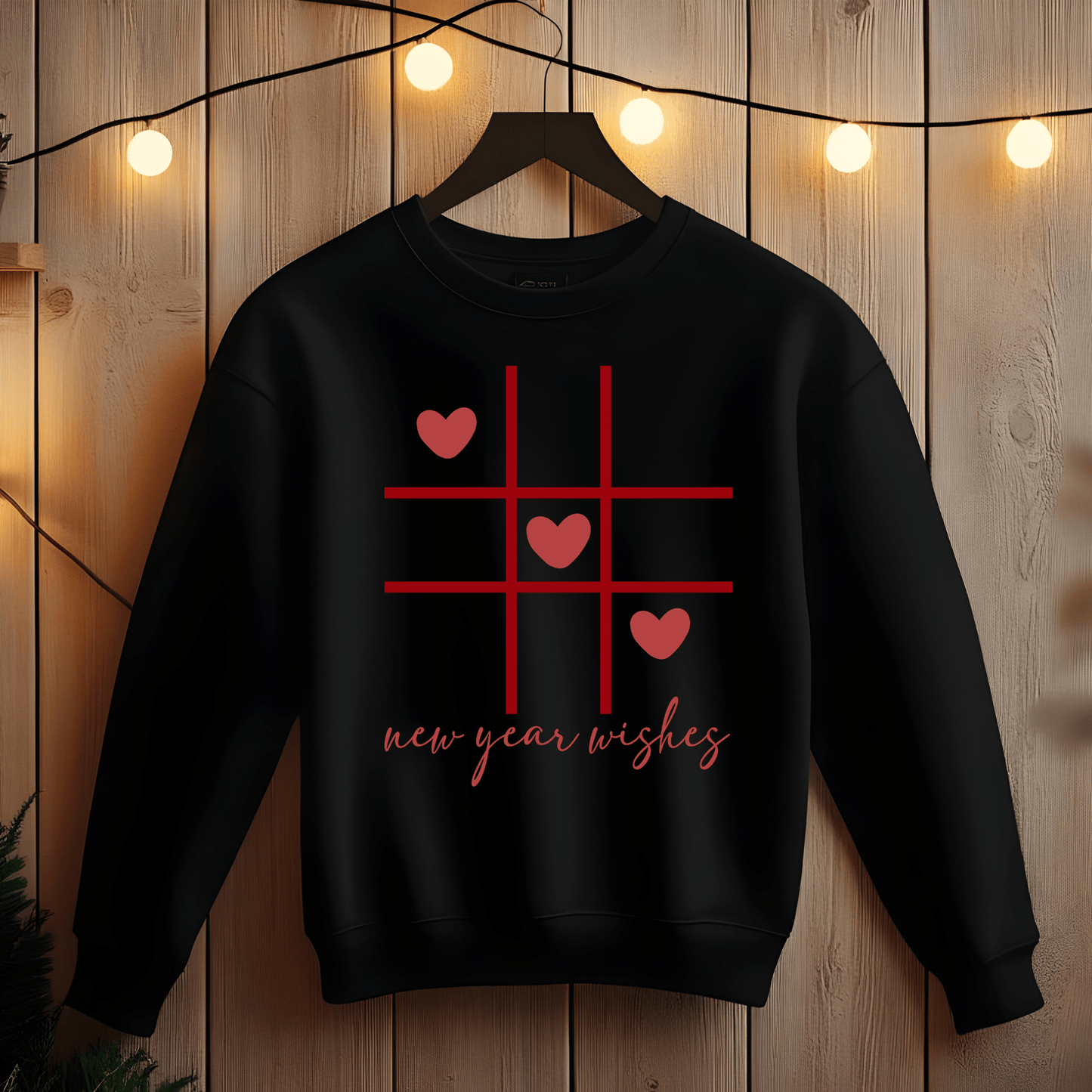 Ink and Charms Designs Sweatshirt Black / S Three-by-Three Grid with Hearts and New Year Wishes Sweatshirt