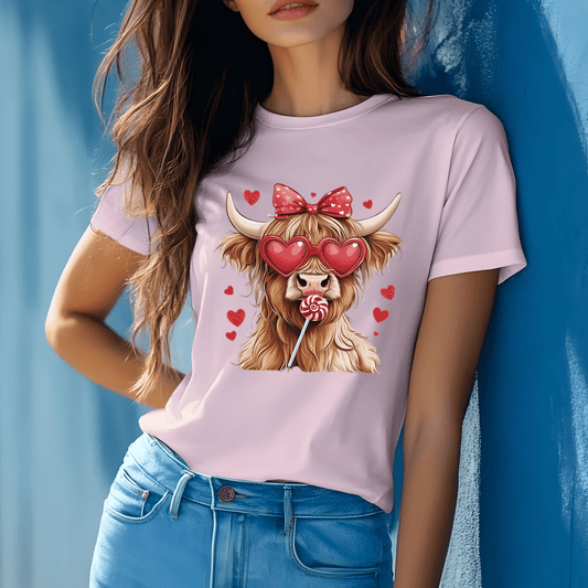 Ink and Charms Designs Sweatshirt Cute Cow with Bow licking lollipop Valentine Design T-Shirt