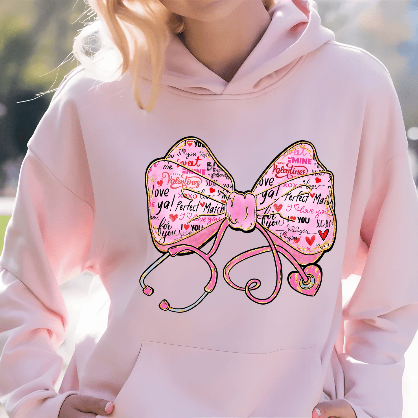 Ink and Charms Designs Sweatshirt Glitter Bow, Hearts, and Stethoscope Valentine’s Day Sweatshirt
