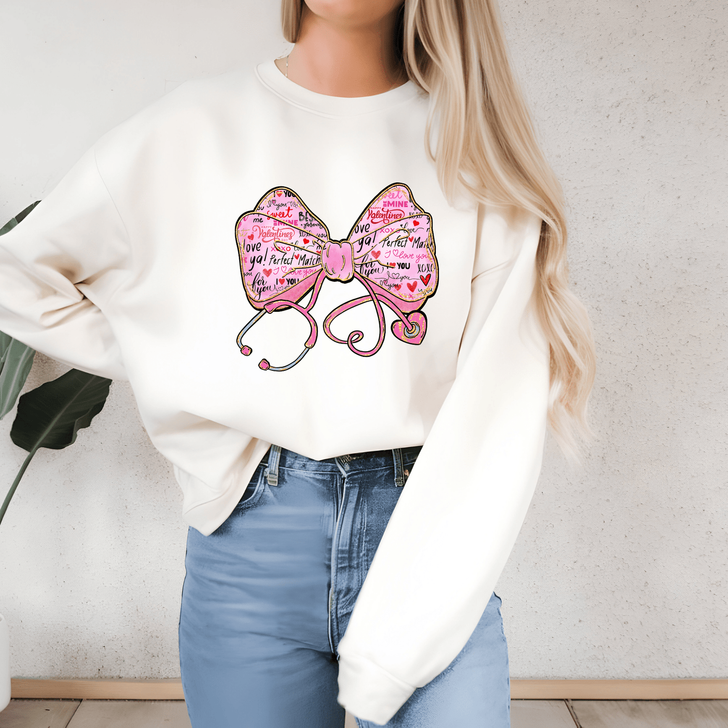 Ink and Charms Designs Sweatshirt Glitter Bow, Hearts, and Stethoscope Valentine’s Day Sweatshirt