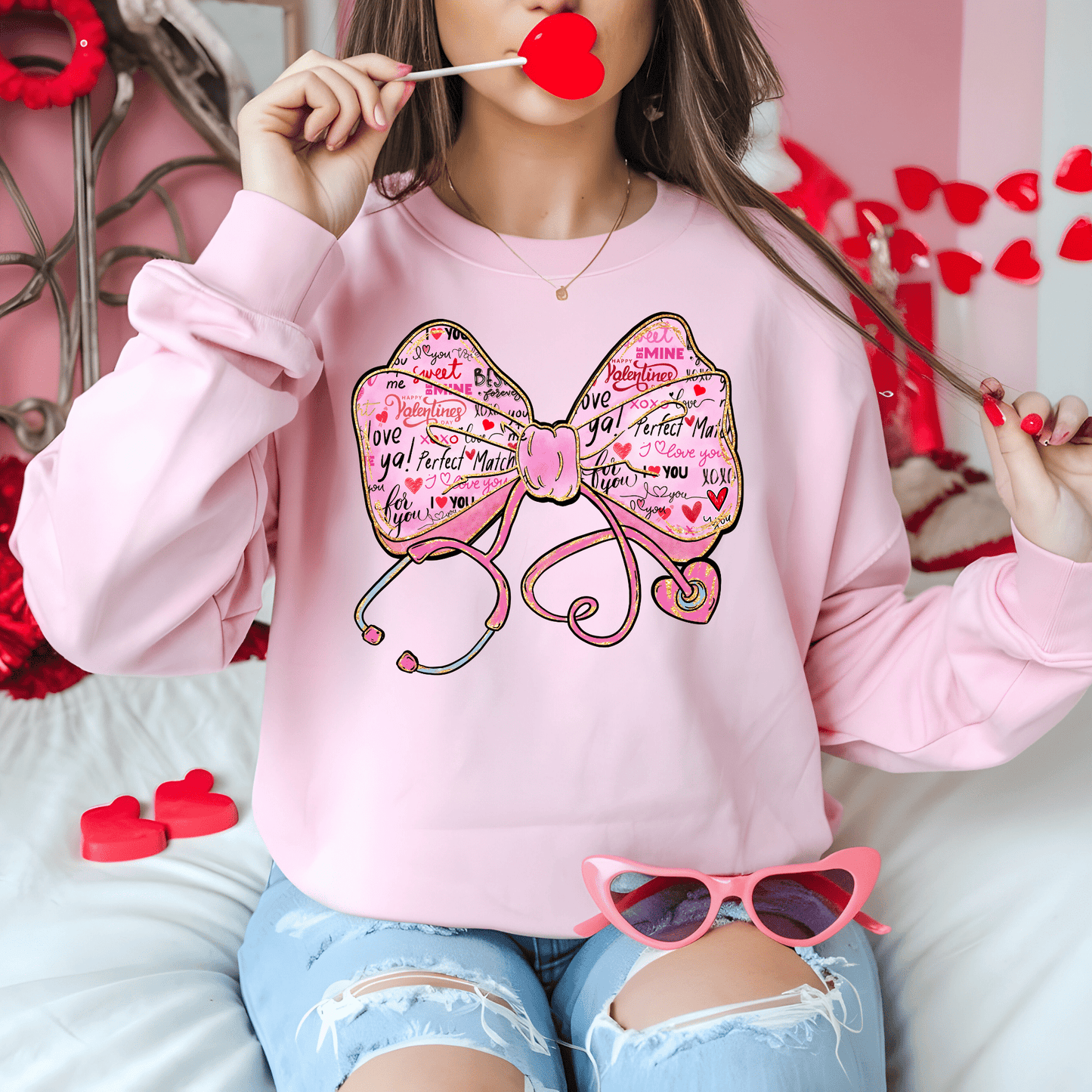 Ink and Charms Designs Sweatshirt Glitter Bow, Hearts, and Stethoscope Valentine’s Day Sweatshirt