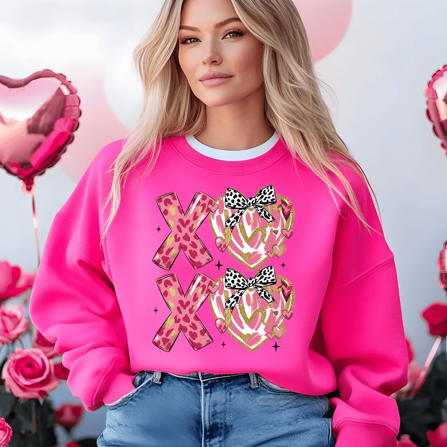 Ink and Charms Designs Sweatshirt Hot Pink / S X O Hugs and Kisses Design with Hearts Sweatshirt