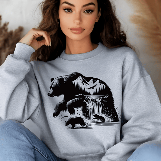 Ink and Charms Designs Sweatshirt Light Blue / S Bear Splashing Under Waterfall Sweatshirt
