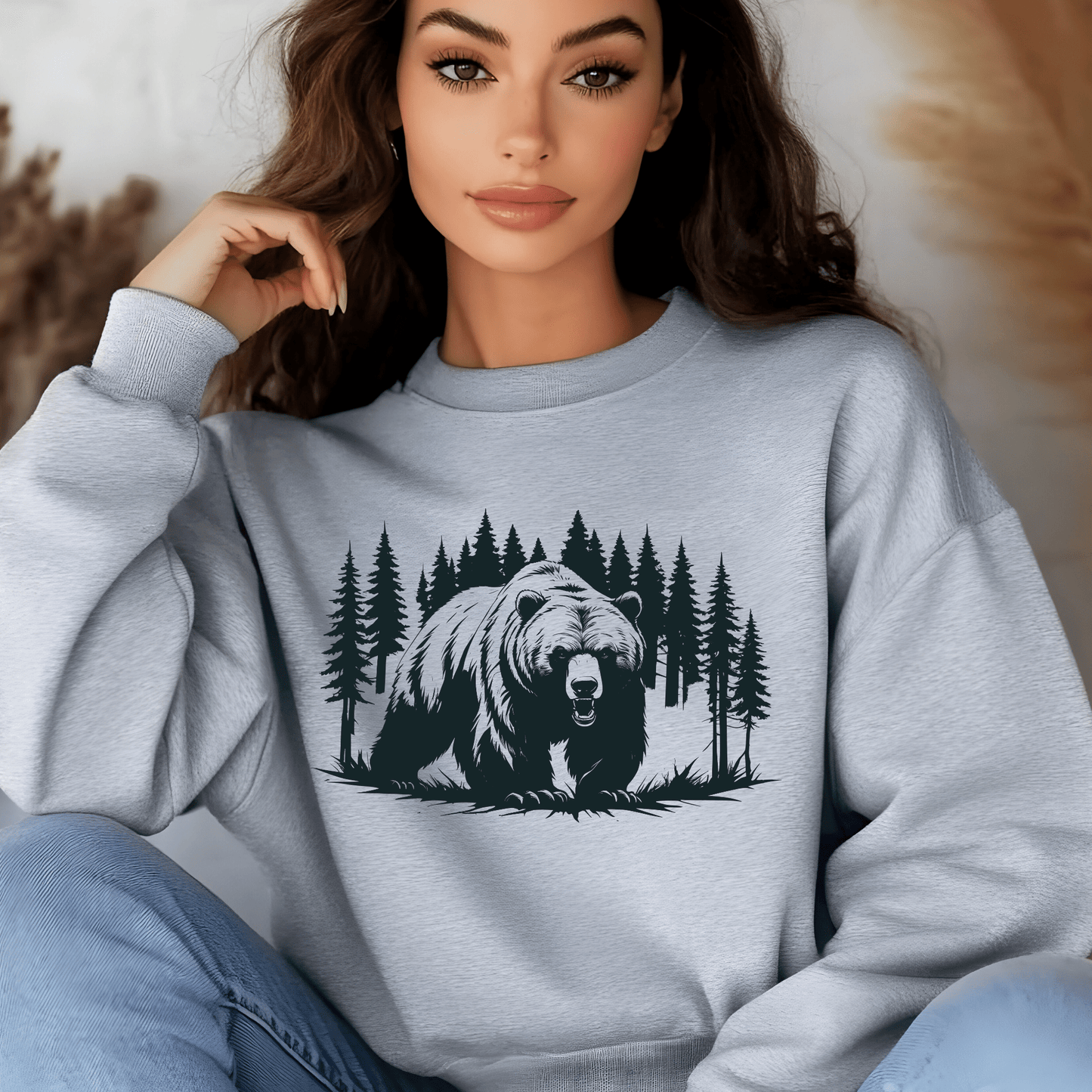 Ink and Charms Designs Sweatshirt Light Blue / S Majestic Bear Walking in Forest Sweatshirt