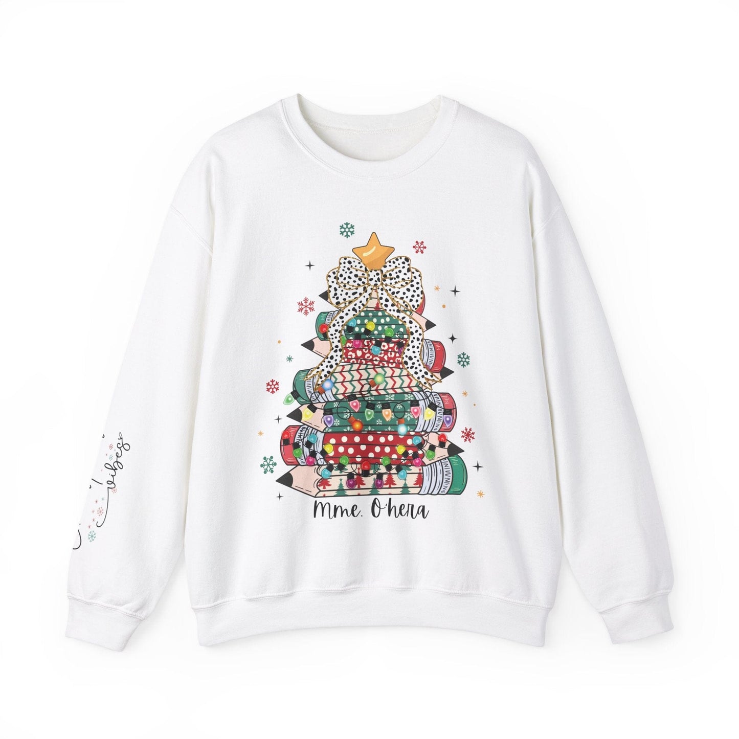 Ink and Charms Designs Sweatshirt Personalized Teacher Christmas Crewneck Sweatshirt - Christmas Tree and Pencils Design