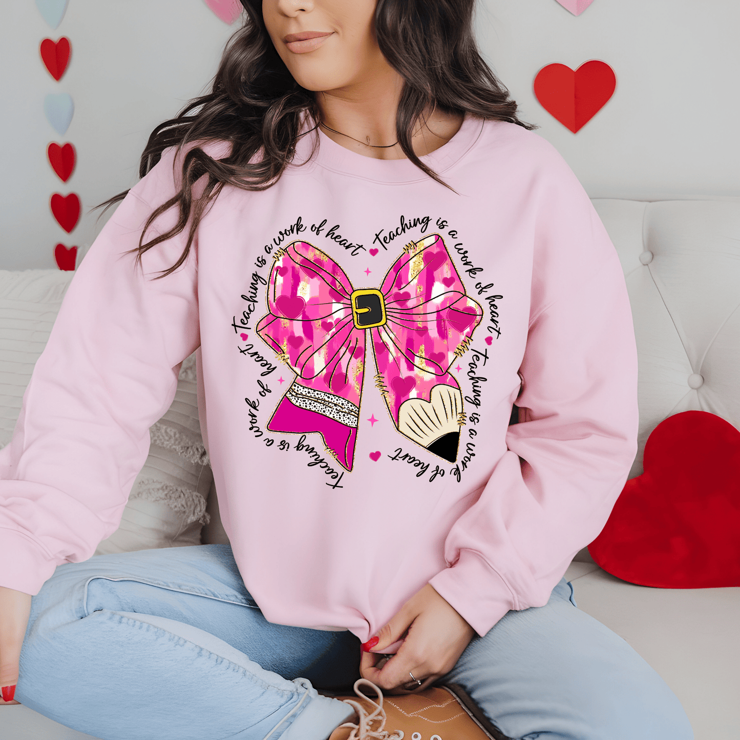 Ink and Charms Designs Sweatshirt Pink / S Glitter Bows, Hearts, and Pencil Valentine’s Day Sweatshirt- Teaching is a Work of Heart