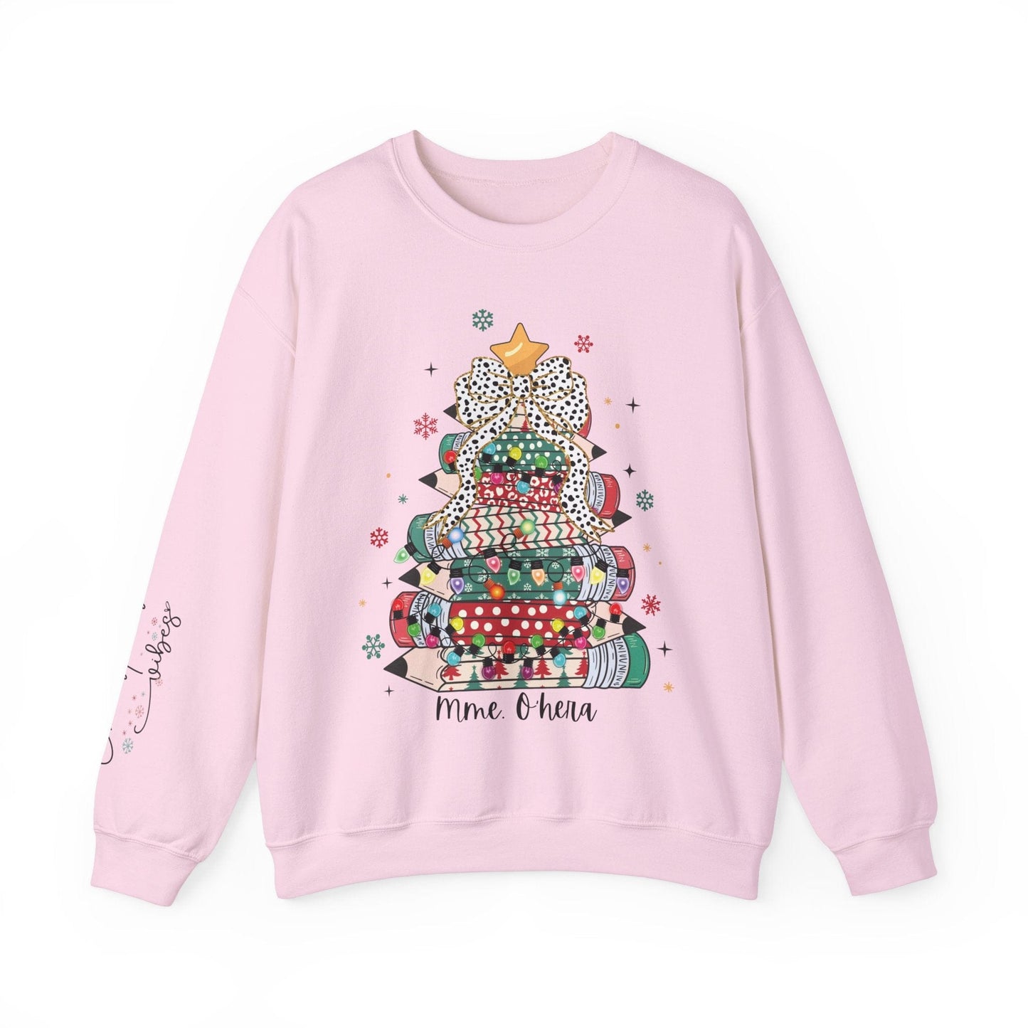 Ink and Charms Designs Sweatshirt S / Light Pink Personalized Teacher Christmas Crewneck Sweatshirt - Christmas Tree and Pencils Design