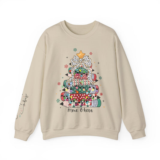 Ink and Charms Designs Sweatshirt S / Sand Personalized Teacher Christmas Crewneck Sweatshirt - Christmas Tree and Pencils Design