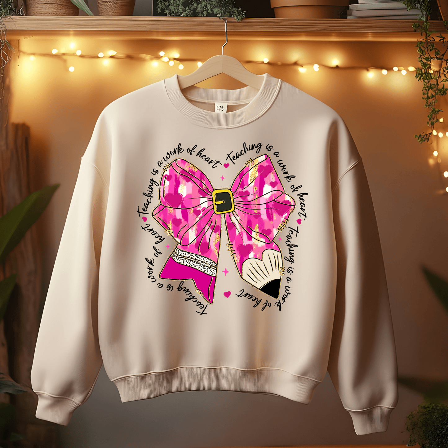 Ink and Charms Designs Sweatshirt Sand / S Glitter Bows, Hearts, and Pencil Valentine’s Day Sweatshirt- Teaching is a Work of Heart