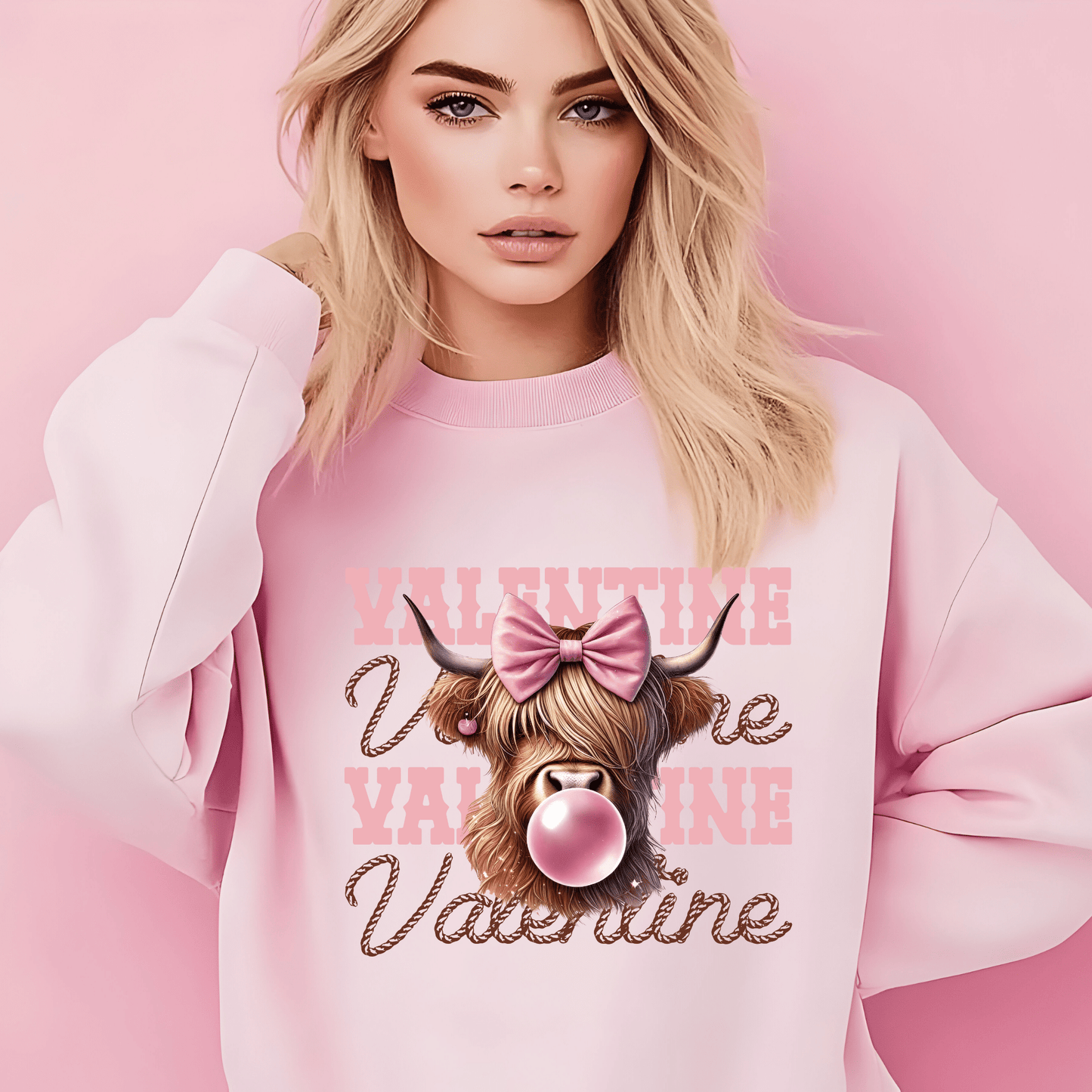 Ink and Charms Designs Sweatshirt Sweatshirt / Pink / S Cute Cow with Bow and Bubble Gum Valentine Design T-Shirt