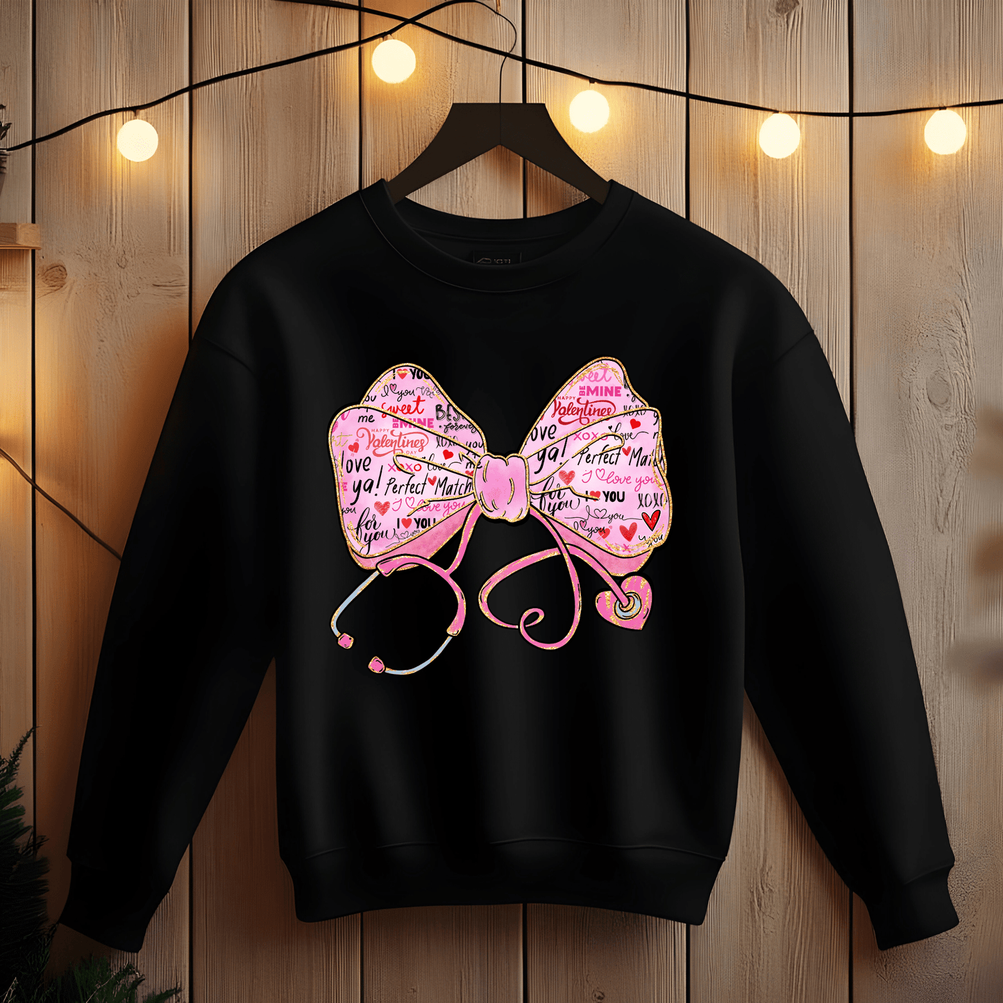 Ink and Charms Designs Sweatshirt Sweatshirt / Pink / S Glitter Bow, Hearts, and Stethoscope Valentine’s Day Sweatshirt