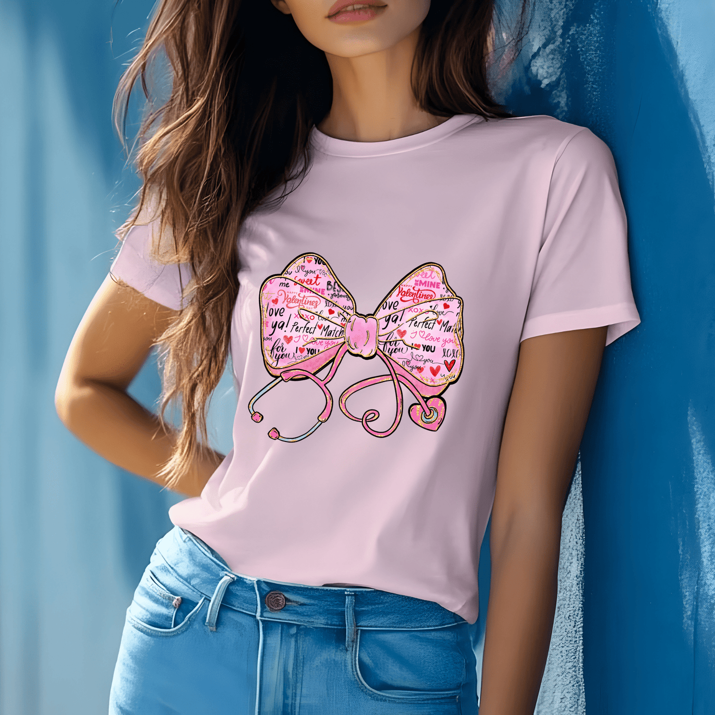 Ink and Charms Designs Sweatshirt Tshirt / Pink / S Glitter Bow, Hearts, and Stethoscope Valentine’s Day Sweatshirt