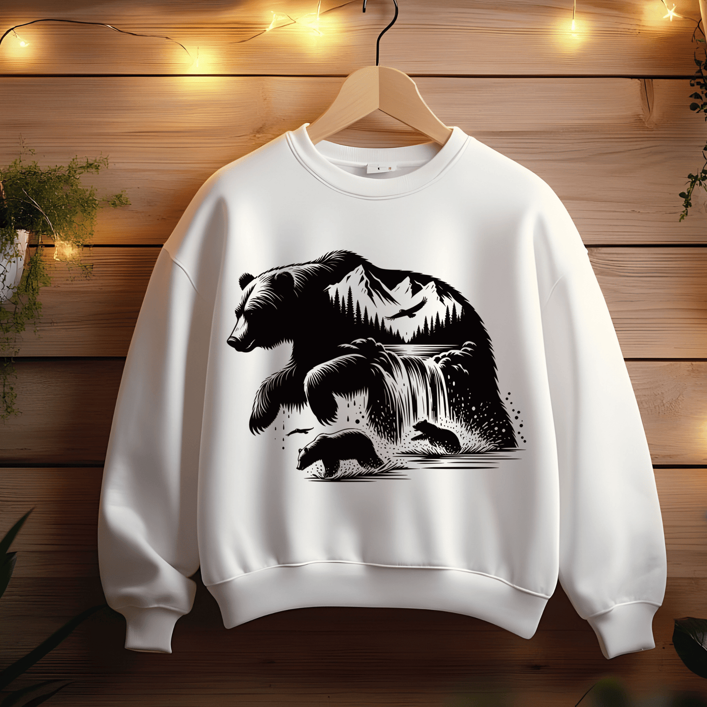 Ink and Charms Designs Sweatshirt White / S Bear Splashing Under Waterfall Sweatshirt