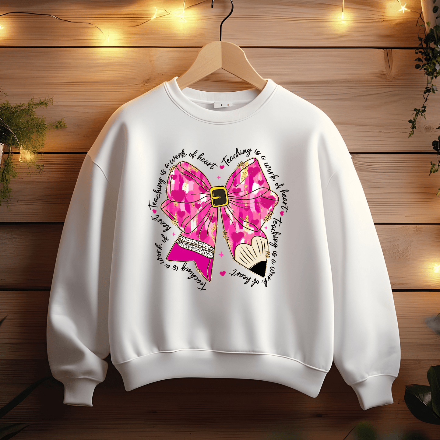 Ink and Charms Designs Sweatshirt White / S Glitter Bows, Hearts, and Pencil Valentine’s Day Sweatshirt- Teaching is a Work of Heart