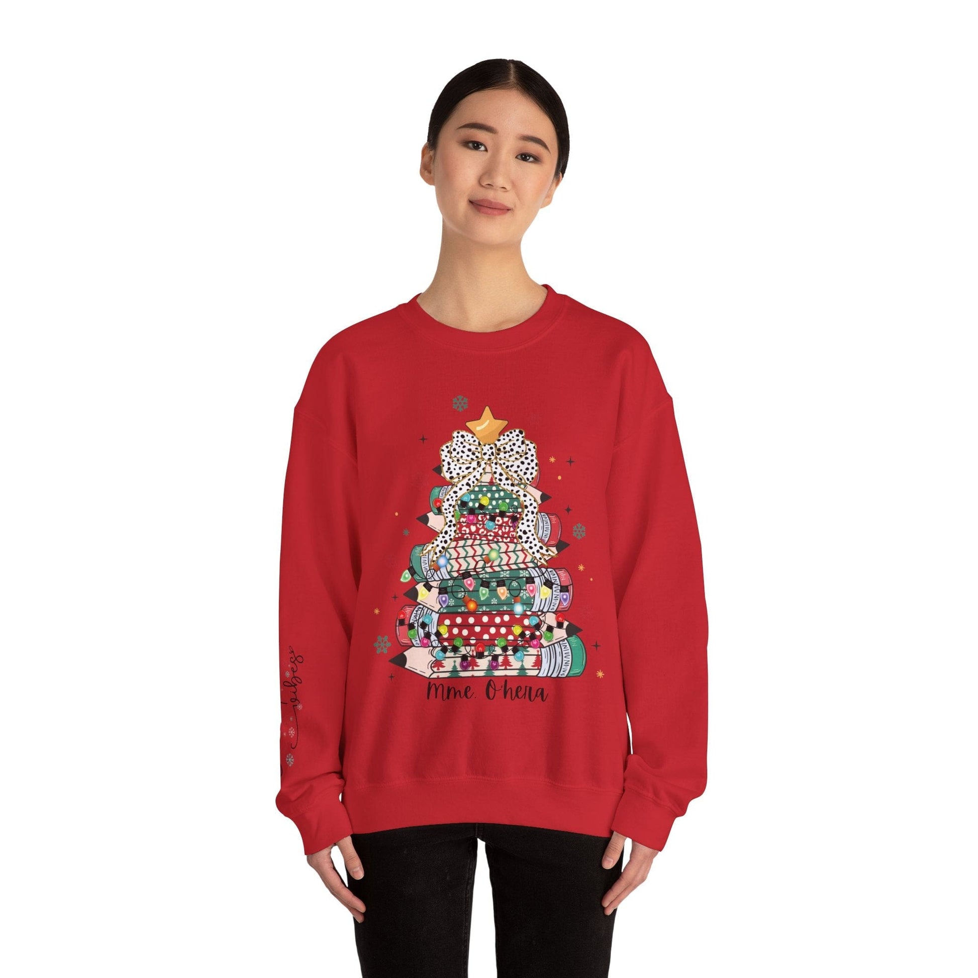 Ink and Charms Designs Sweatshirt Personalized Teacher Christmas Crewneck Sweatshirt - Christmas Tree and Pencils Design