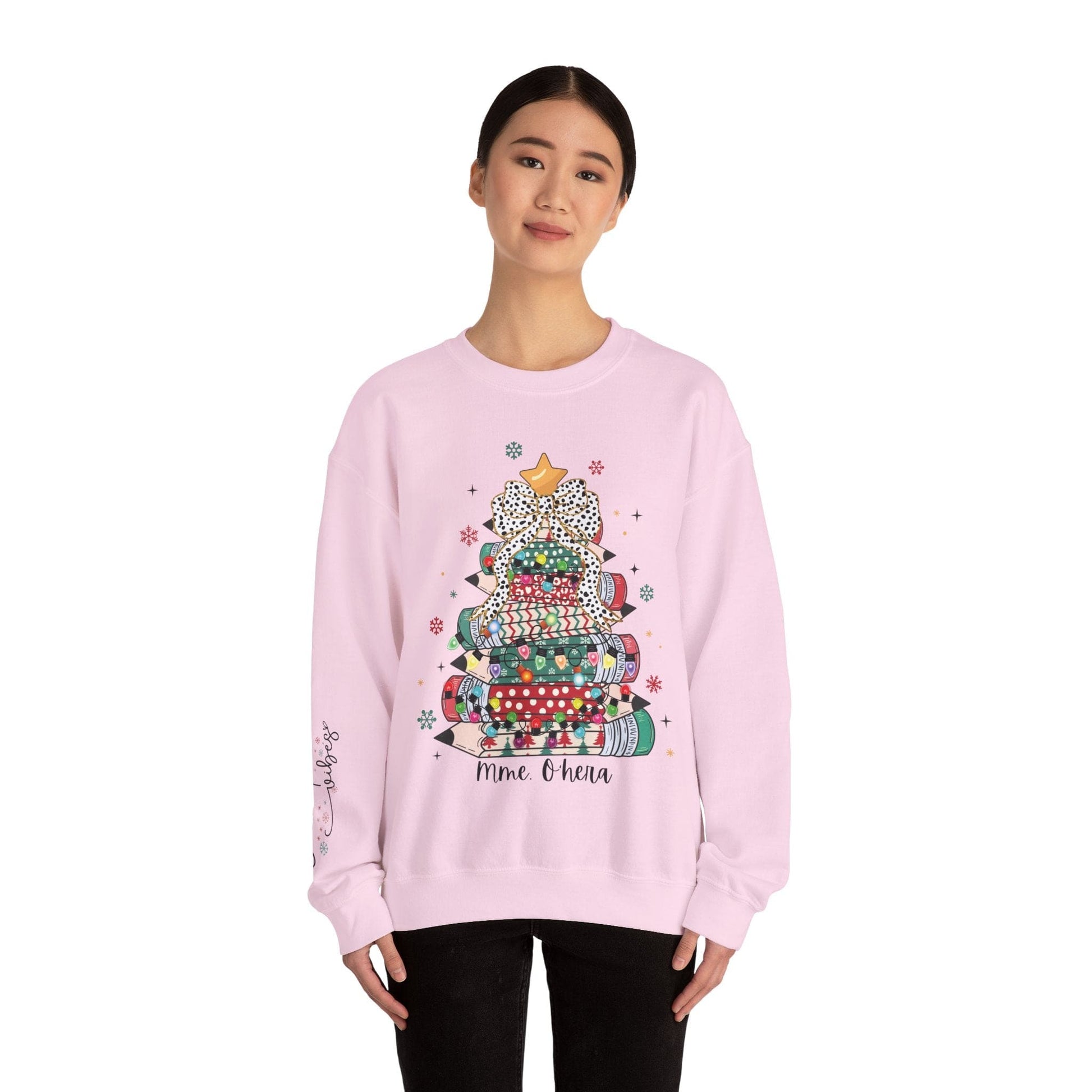 Ink and Charms Designs Sweatshirt Personalized Teacher Christmas Crewneck Sweatshirt - Christmas Tree and Pencils Design