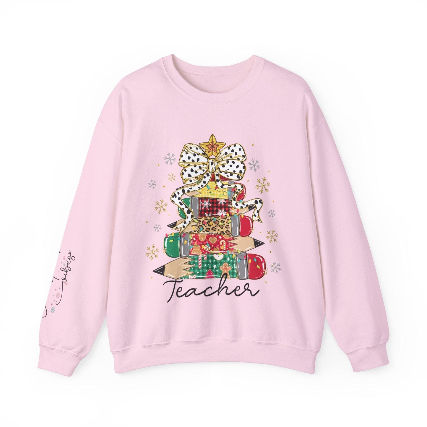 Ink and Charms Designs Sweatshirt S / Light Pink Teacher Christmas Crewneck Sweatshirt - Christmas Tree and Pencils Design