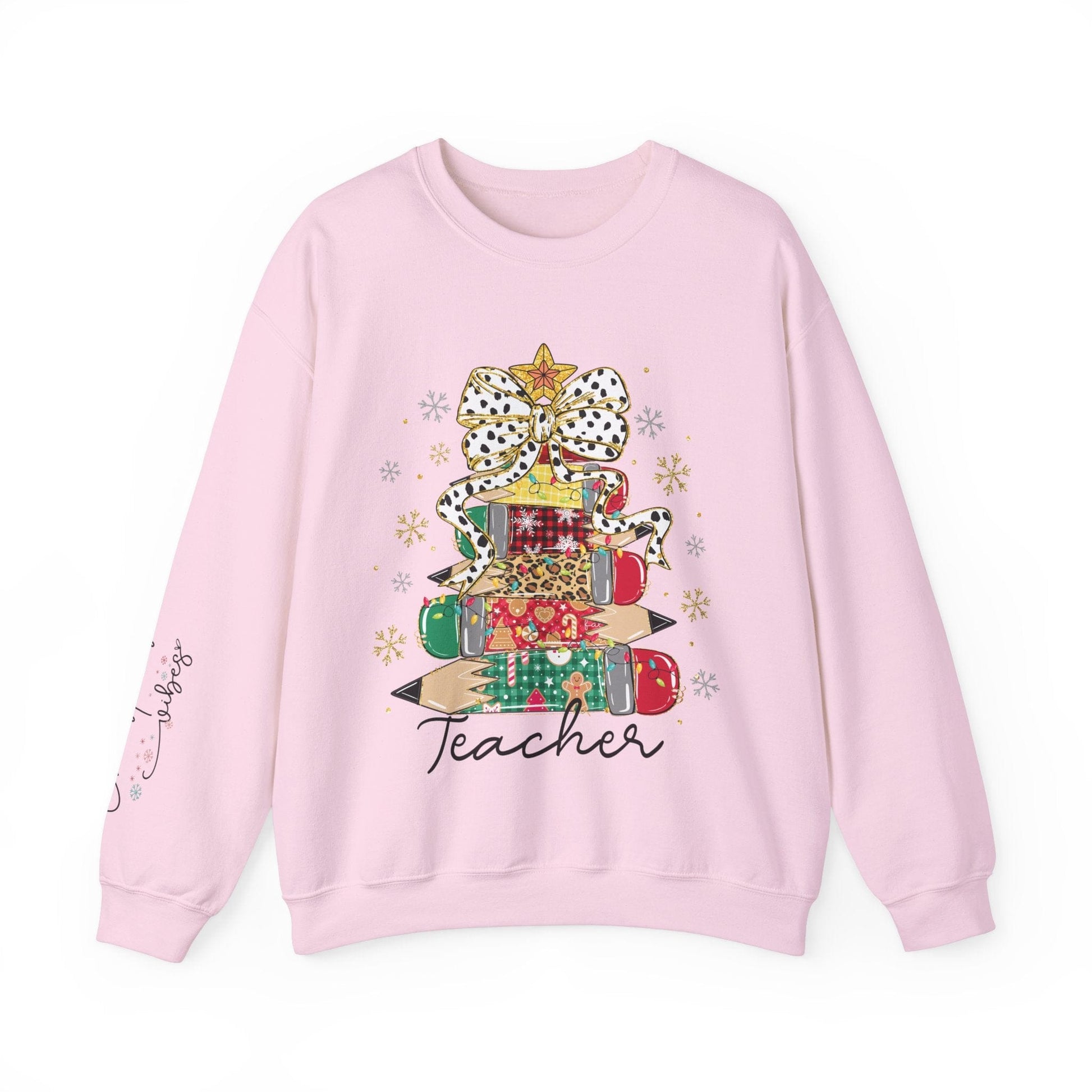 Ink and Charms Designs Sweatshirt S / Light Pink Teacher Christmas Crewneck Sweatshirt - Christmas Tree and Pencils Design