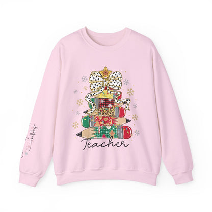 Ink and Charms Designs Sweatshirt S / Light Pink Teacher Christmas Crewneck Sweatshirt - Christmas Tree and Pencils Design