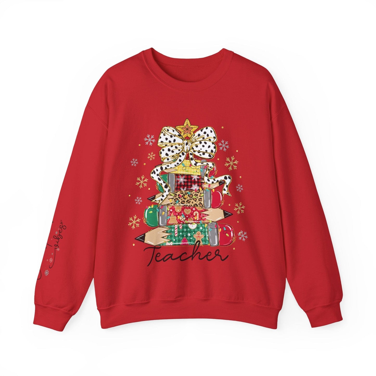 Ink and Charms Designs Sweatshirt S / Red Teacher Christmas Crewneck Sweatshirt - Christmas Tree and Pencils Design