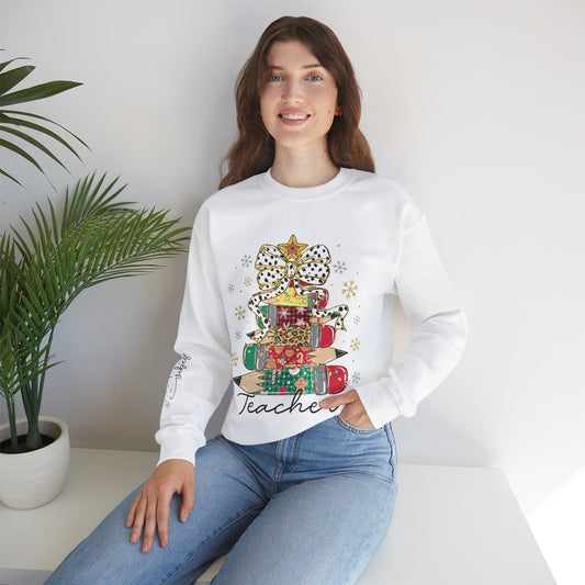 Ink and Charms Designs Sweatshirt S / White Teacher Christmas Crewneck Sweatshirt - Christmas Tree and Pencils Design