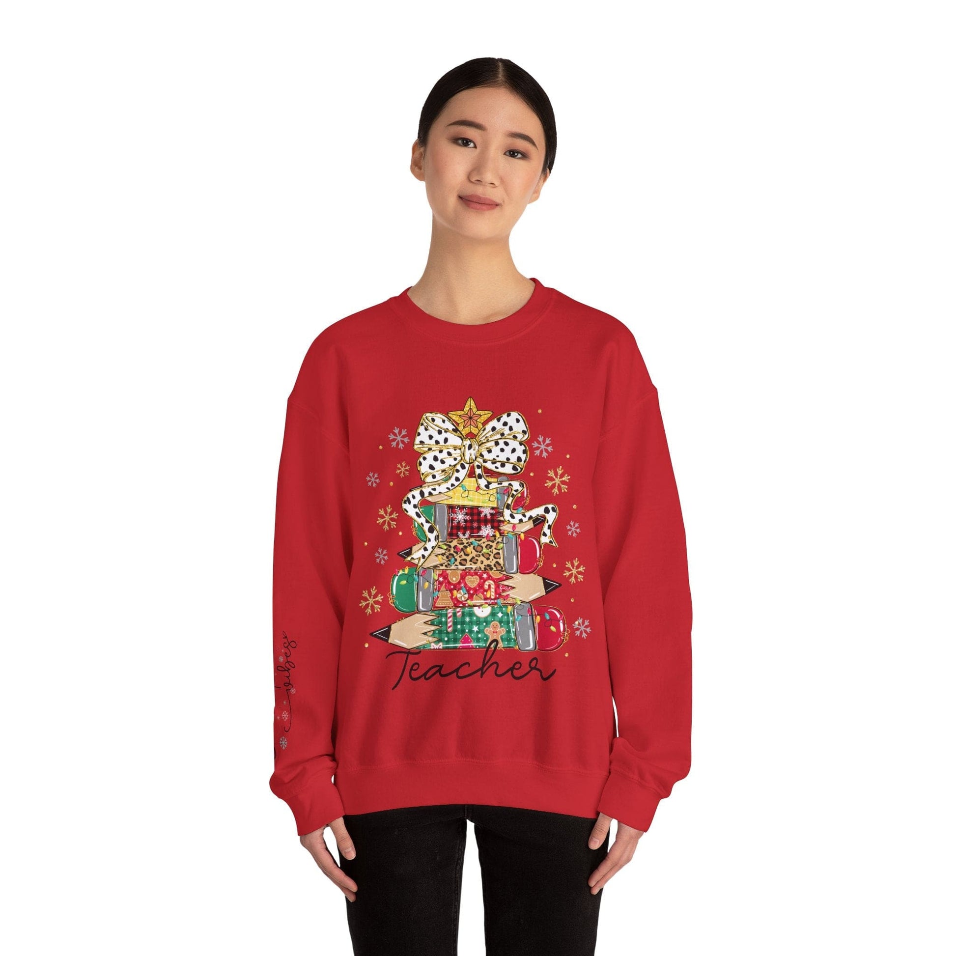 Ink and Charms Designs Sweatshirt Teacher Christmas Crewneck Sweatshirt - Christmas Tree and Pencils Design