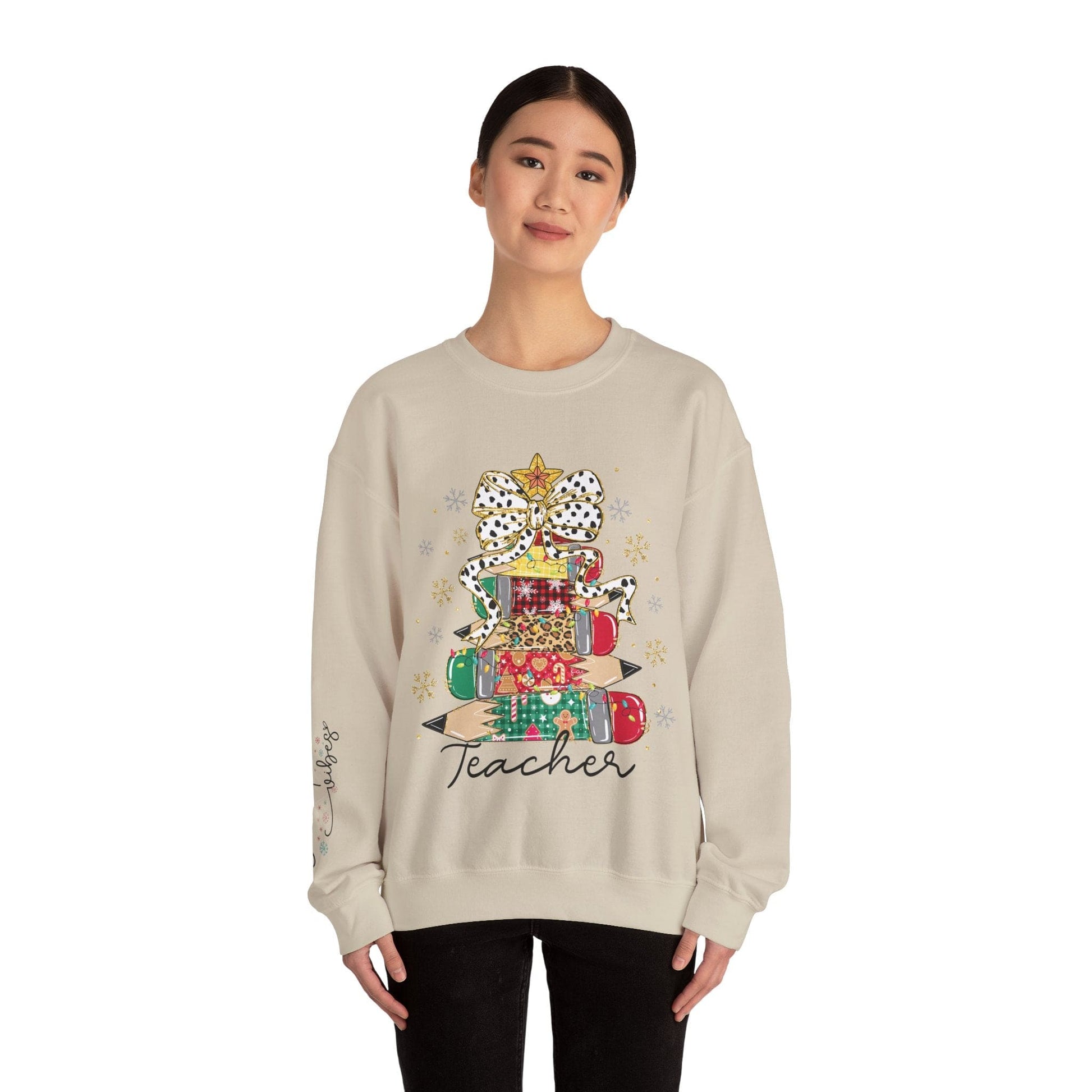 Ink and Charms Designs Sweatshirt Teacher Christmas Crewneck Sweatshirt - Christmas Tree and Pencils Design