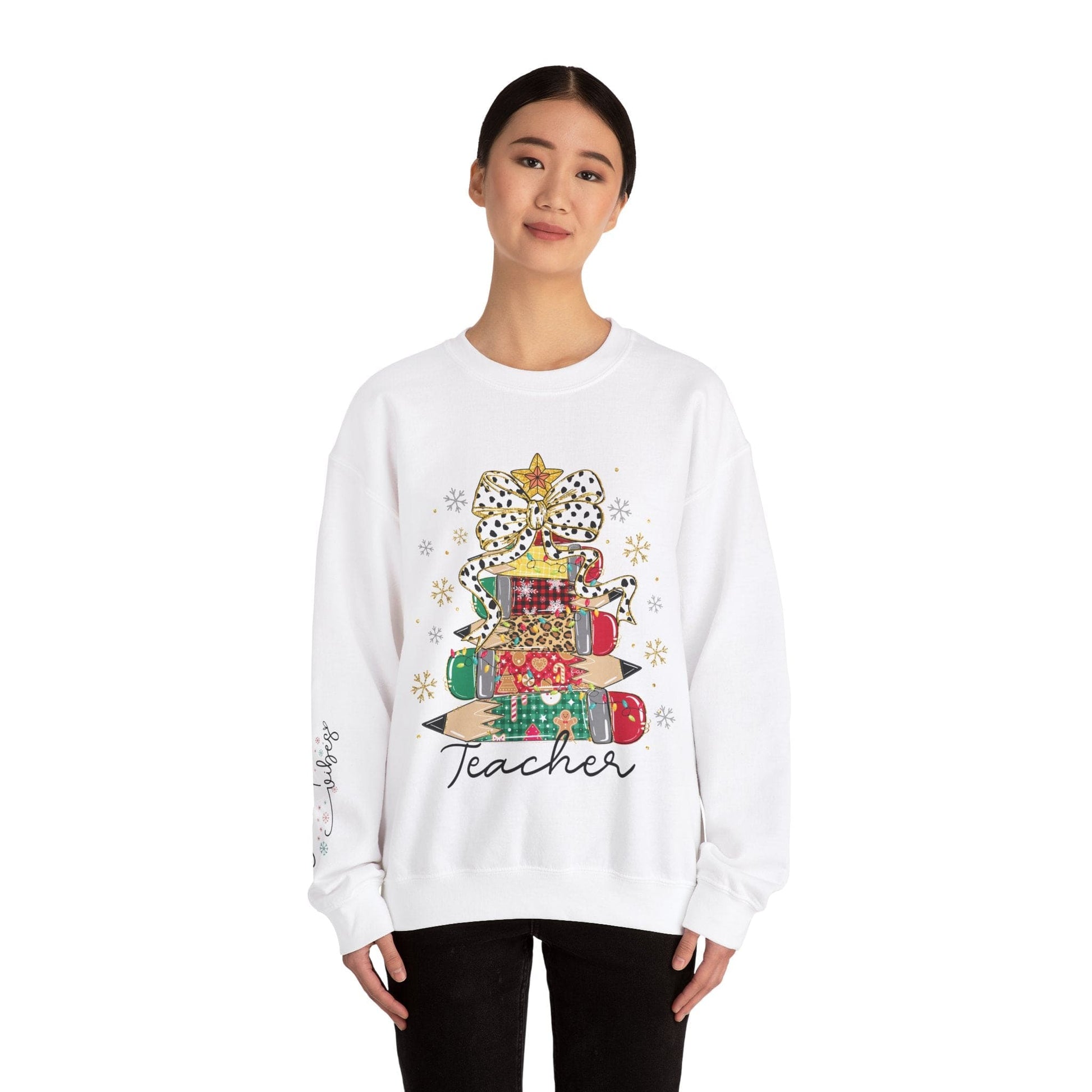 Ink and Charms Designs Sweatshirt Teacher Christmas Crewneck Sweatshirt - Christmas Tree and Pencils Design