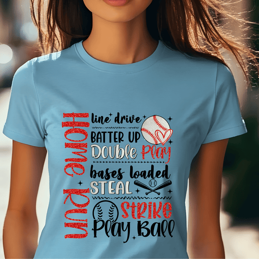 Ink and Charms Designs T-Shirt Baseball Action Word Art Tee- Game Day Energy Design