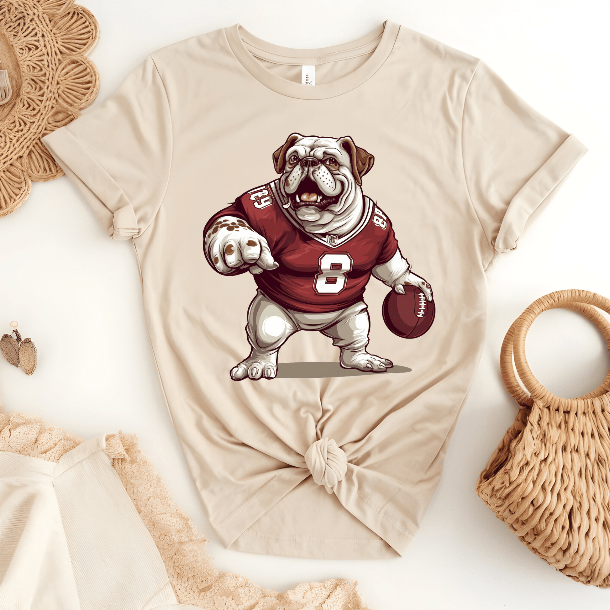 Ink and Charms Designs T-Shirt Bulldog Football Tee- Playful Dog & Game Day Design