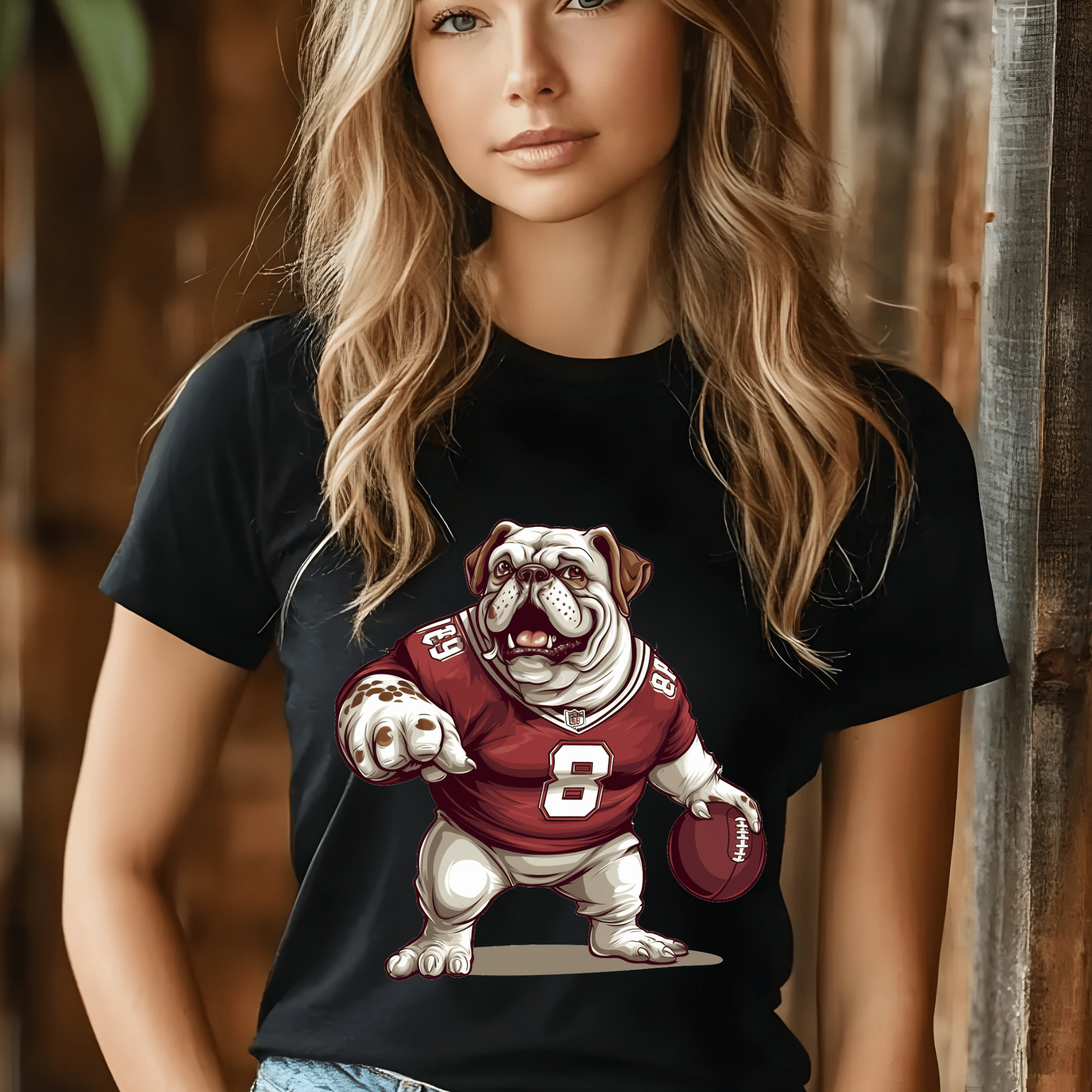 Ink and Charms Designs T-Shirt Bulldog Football Tee- Playful Dog & Game Day Design