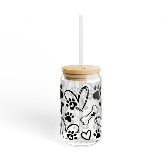 Ink and Charms Designs Libby Glass With lid and straw / 16oz Sipper Glass - Dog Lovers Hearts Paws Bones Design 16oz