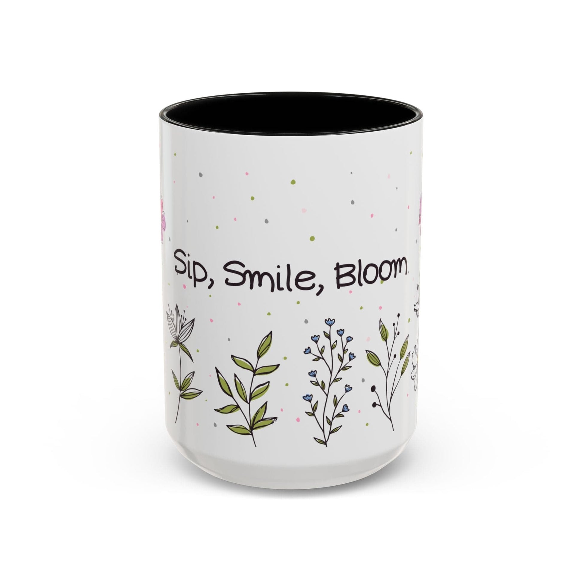 Ink and Charms Designs Mug 15oz / Black Mug Sip Smile Bloom Plant Coffee Mug (11, 15oz)