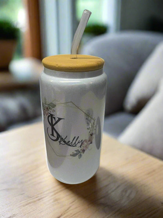 Ink and Charms Designs Sipper Glass With lid and straw / 16oz Personalized Floral Sipper Glass, 16oz - Initial and Name Design
