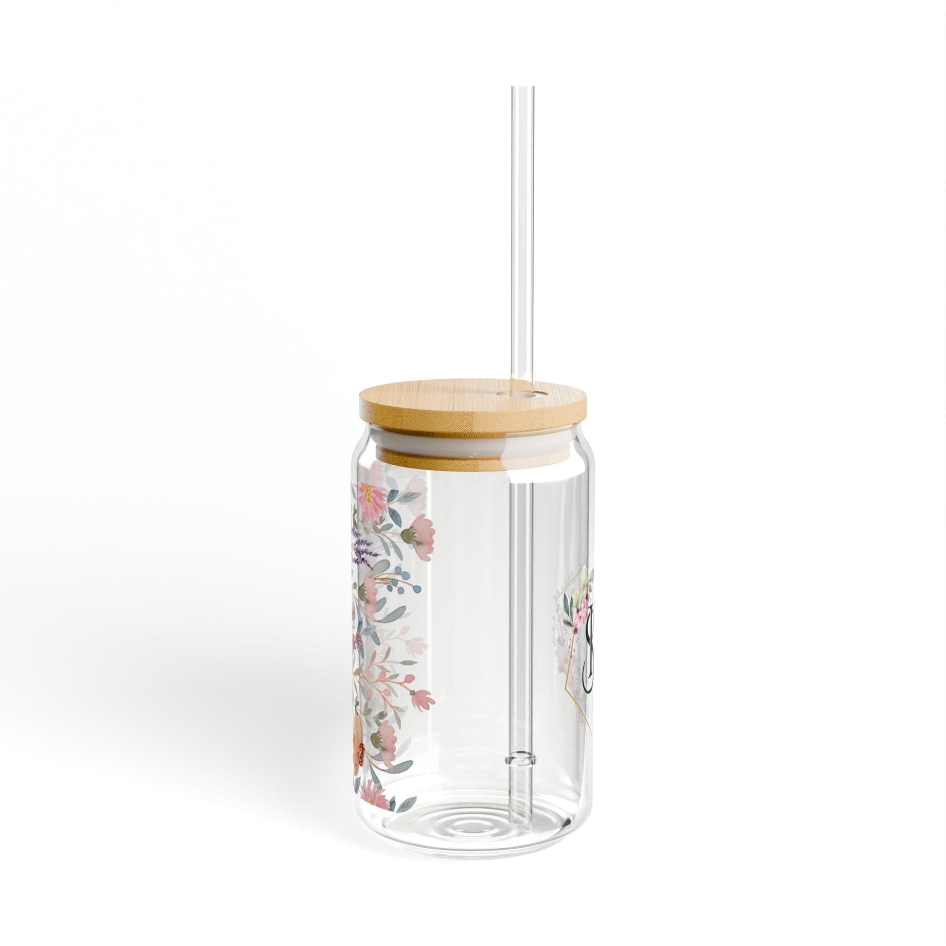 Ink and Charms Designs Sipper Glass With lid and straw / 16oz Personalized Floral Sipper Glass, 16oz - Initial and Name Design