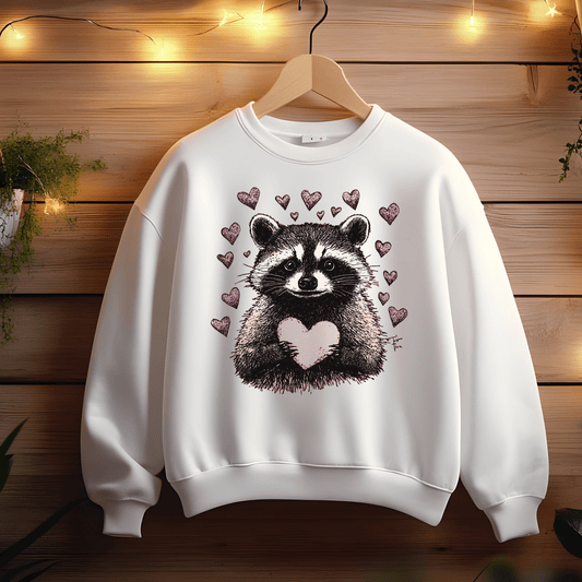 Ink and Charms Designs Sweatshirt Adorable Raccoon Holding a Heart Design: Share the Love!