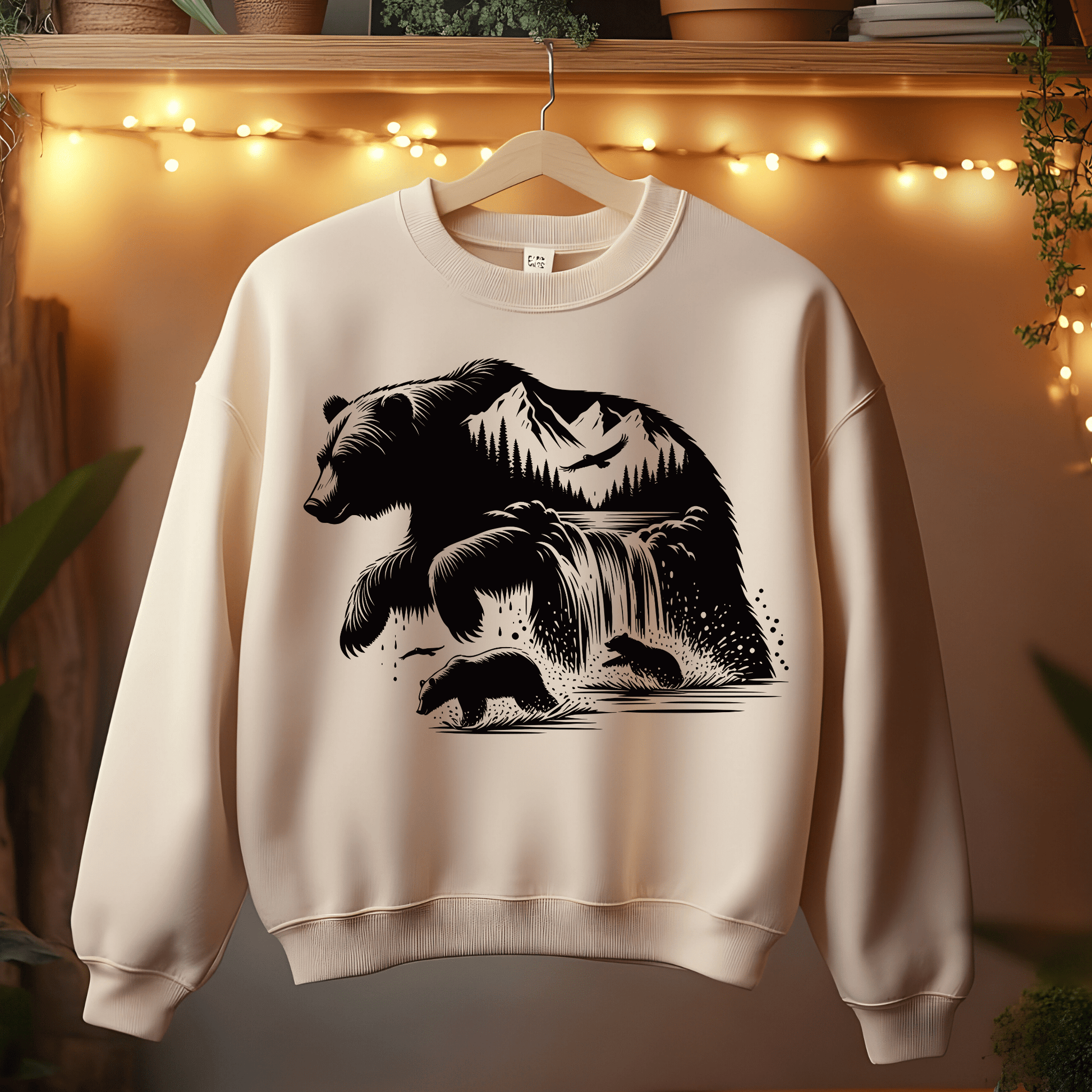 Ink and Charms Designs Sweatshirt Beige / S Bear Splashing Under Waterfall Sweatshirt