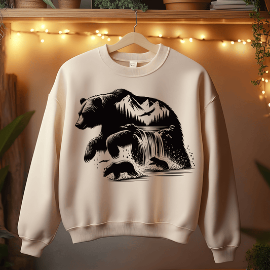 Ink and Charms Designs Sweatshirt Beige / S Bear Splashing Under Waterfall Sweatshirt
