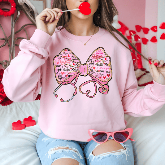 Ink and Charms Designs Sweatshirt Glitter Bow, Hearts, and Stethoscope Valentine’s Day Sweatshirt